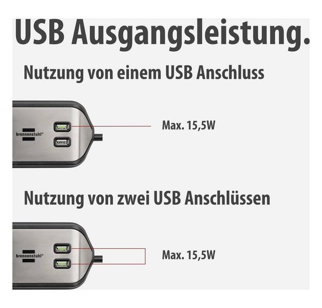 BRE 1153590610 - Ecksteckdosenleiste, 6-fach, 2x USB, 2 m, silber/schwarz
