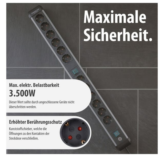 BRE 1391030200 - Steckdosenleiste, 12-fach, mit 2 Schaltern und 3m Kabel