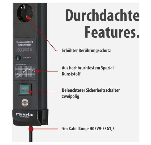 BRE 1951160402 - Steckdosenleiste, 6-fach, Überspannungsschutz, Schalter, 5 m