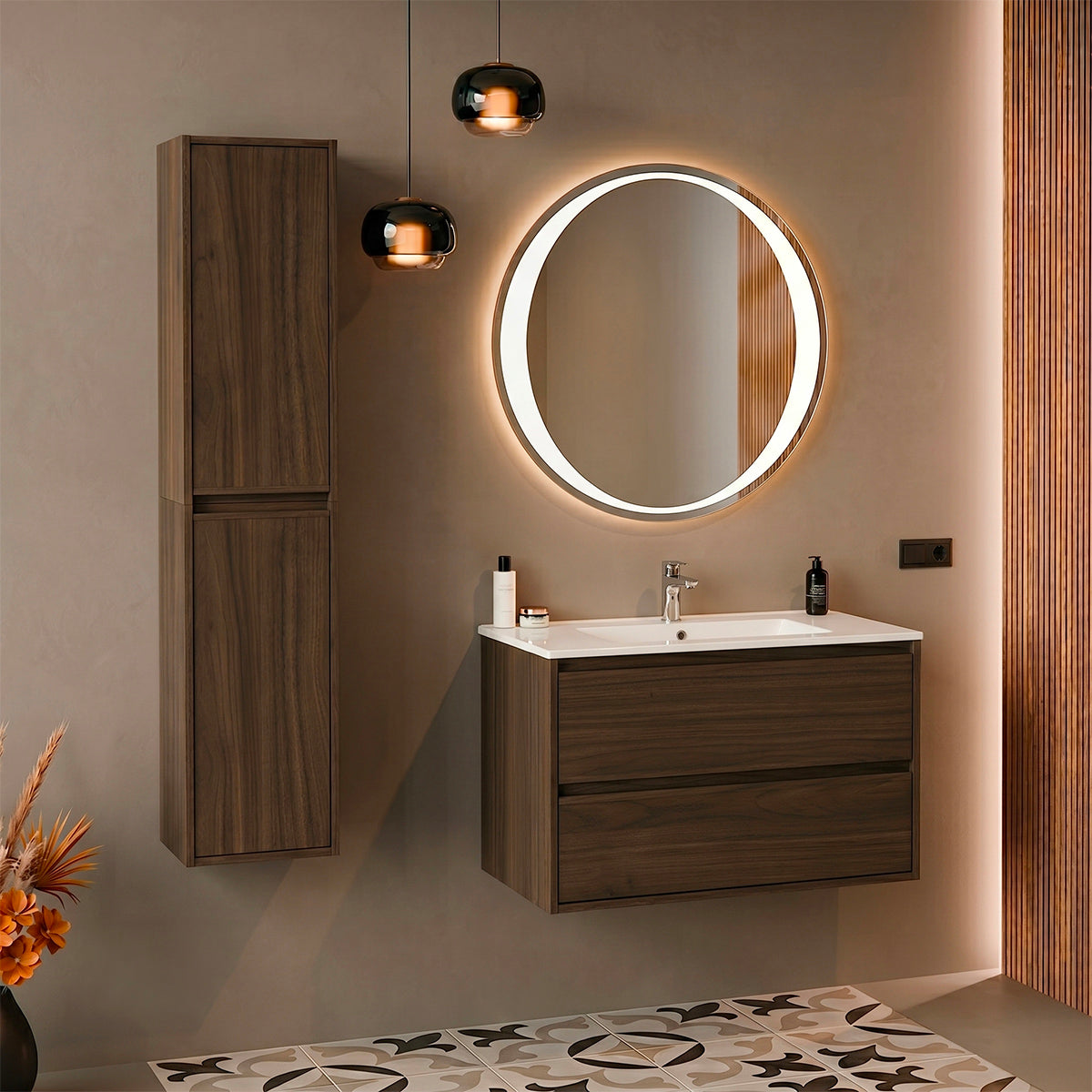 Waschtisch Und Hängesäule 81cm Edmé Mit 2 Schubladen, Dunkles Holzoptik