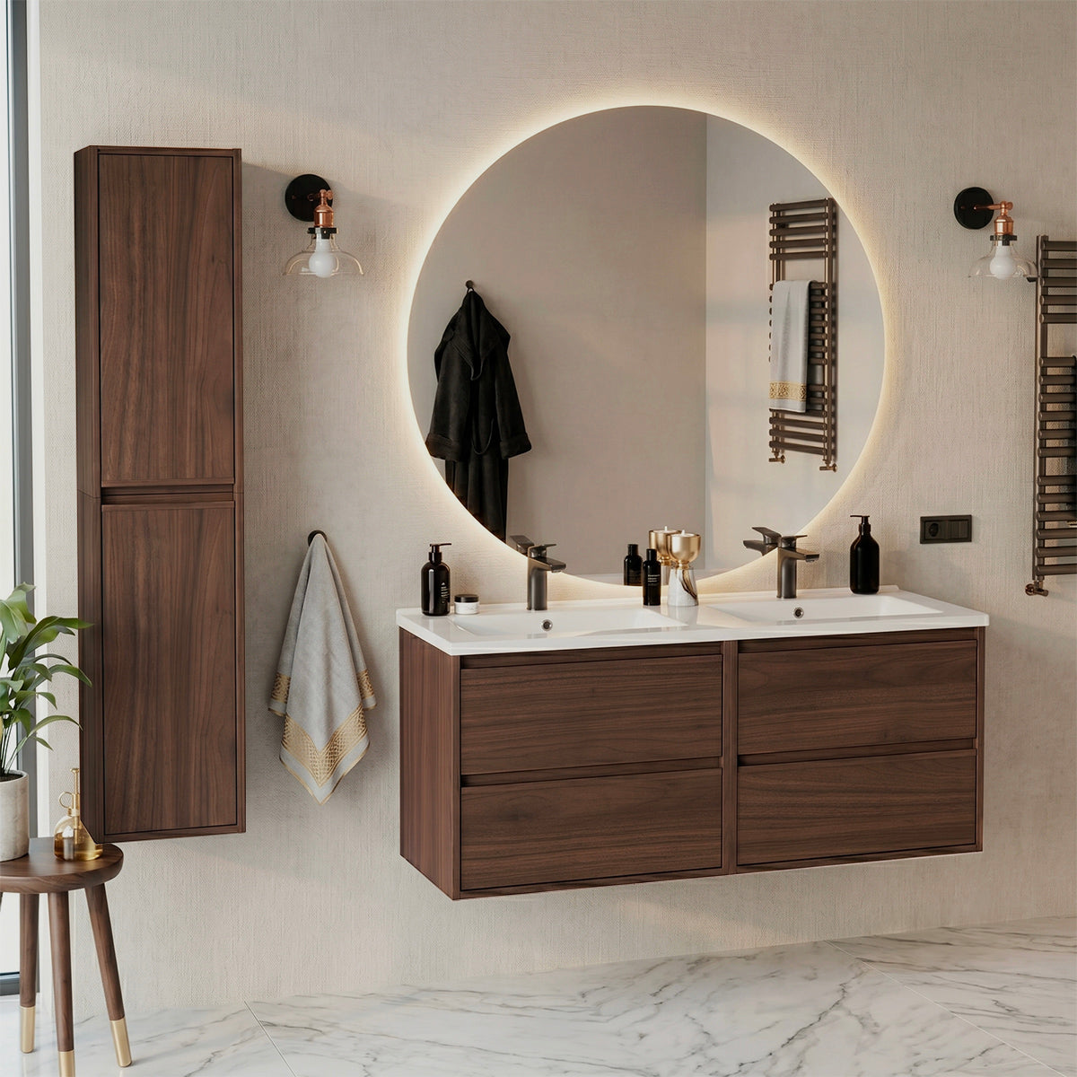 Doppelwaschtisch Und Hängesäule 121cm Edmé Mit 4 Schubladen, Dunkles Holzoptik