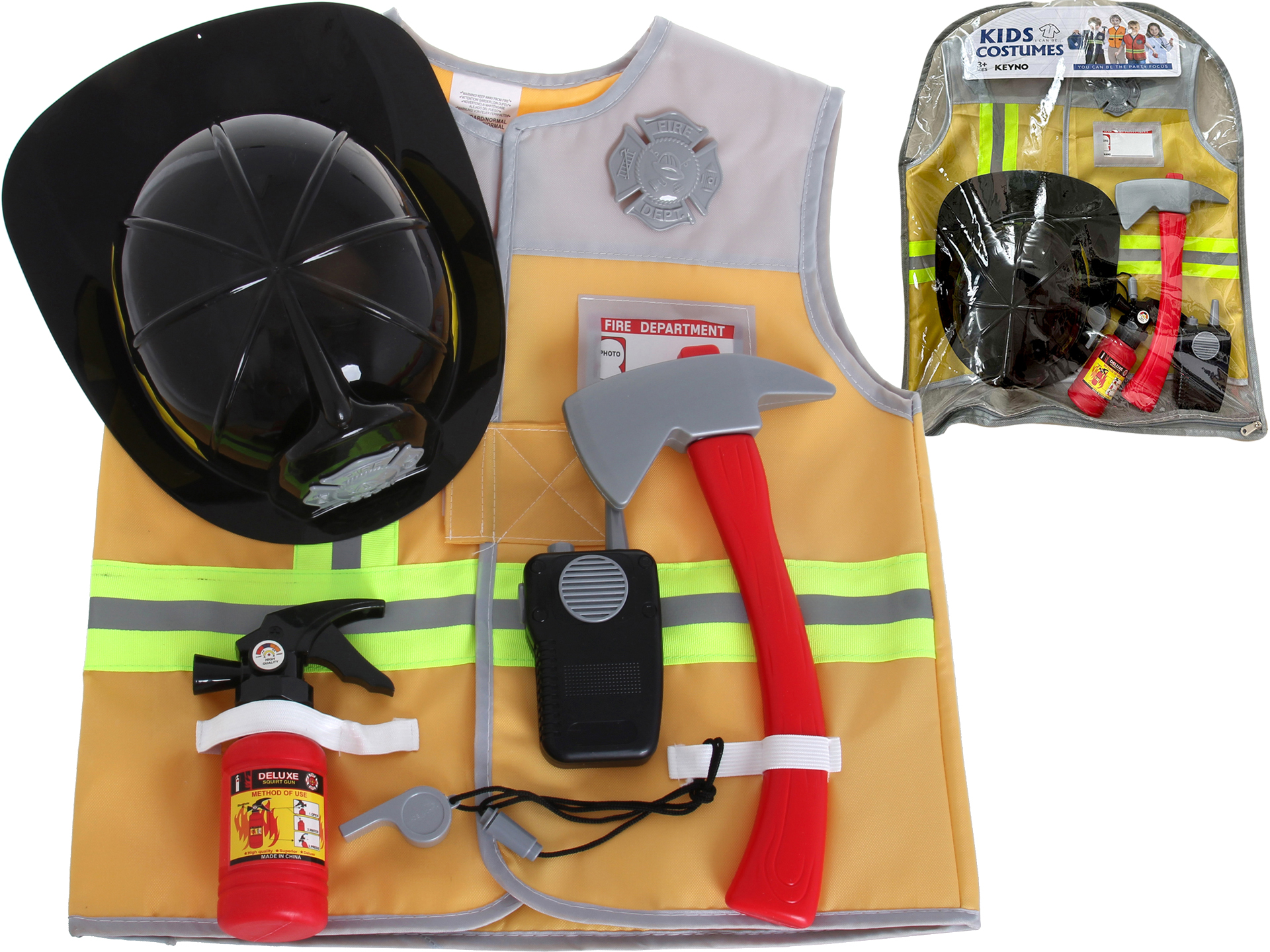 Feuerwehr-set: Feuerwehrhelm, Feuerwehrkostüm, Feuerlöscher, Warnweste