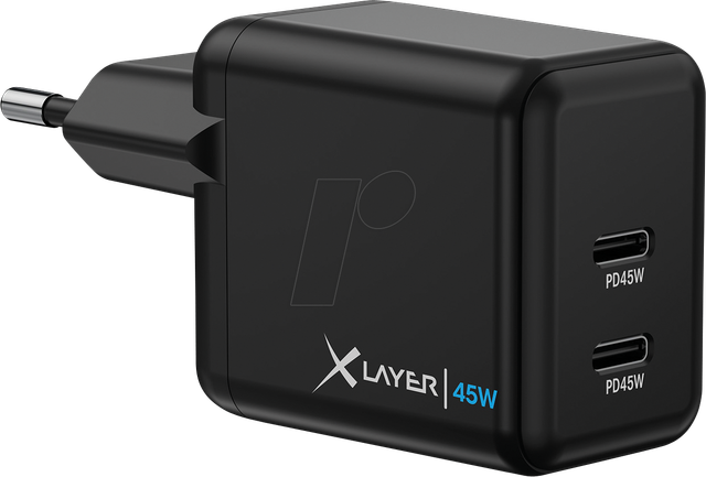 XLAYER 220178 - USB-Ladegerät, 5-20 V, 45 W, 2x USB-C, schwarz