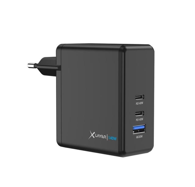 XLAYER 220355 - USB-Ladegerät, 140 W, 1x USB-A, 2x USB-C, GaN, schwarz