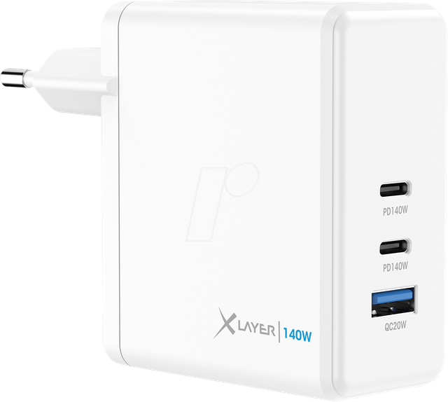 XLAYER 220356 - USB-Ladegerät, 140 W, 1x USB-A, 2x USB-C, GaN, schwarz
