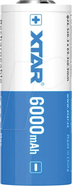 XTAR 26650 6000G - Industriezelle, Li-Ion Akku, 26650, 3,6 V, 6000 mAh, geschützt