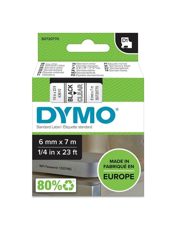 DYMO D1 43610 - DYMO D1 Schriftband, 6mm, schw./transparent