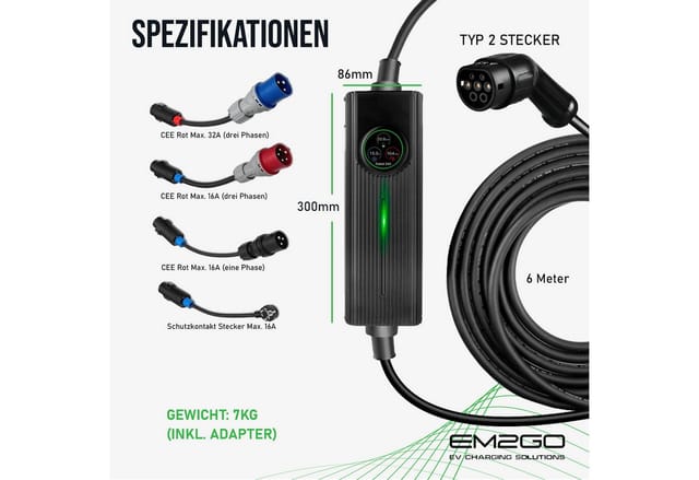 EM2GO EM016 - Mobiles Ladegerät mit 4 Adaptern, 3,6 - 16 kW, 6m