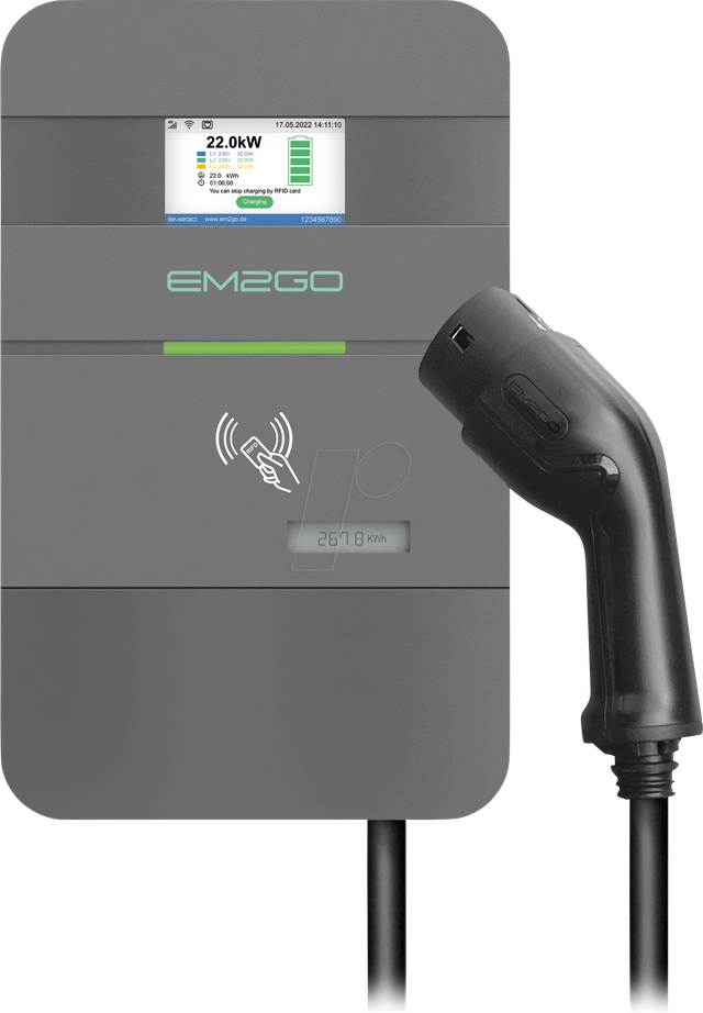 EM2GO EMN022AC1 - Wallbox, 22 kW, LAN+WLAN+RS485, 32 A 3PH, OCCP