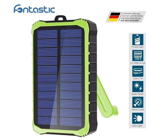 FONTASTIC 262678 - Powerbank, 10000 mAh, Solar, mit Handkurbel