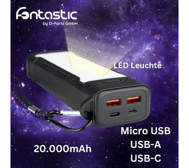 FONTASTIC 262852 - Powerbank, 20000 mAh, SOS Licht, 2x USB-A, 1x USB-C