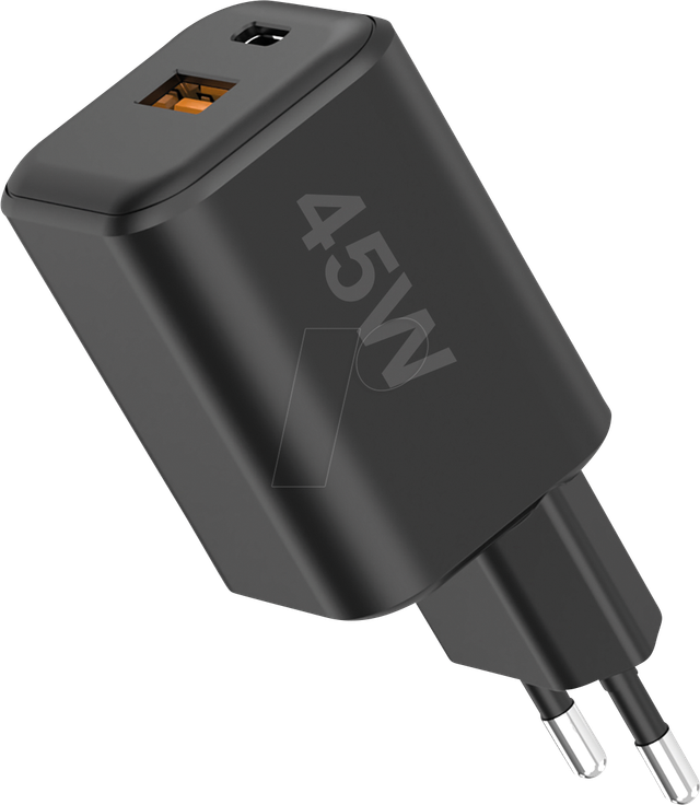 FONTASTIC 263941 - USB-Ladegerät, 45W, 1x USB-C (PD), 1x USB-A, GaN, schwarz