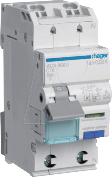 HAGER ACS966D - Fehlerstrom-Leitungsschutzschalter 1P+N 6kA C-16 A 10mA Typ A