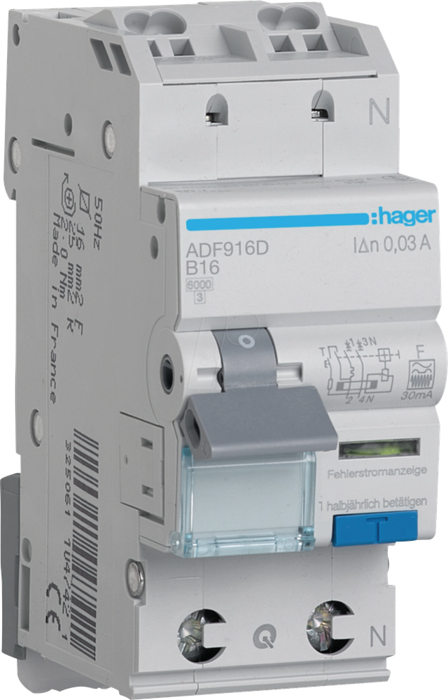 HAGER ADF916D - FI/LS-Schalter, 1P+N 6kA B-16A 30mA Typ F QC