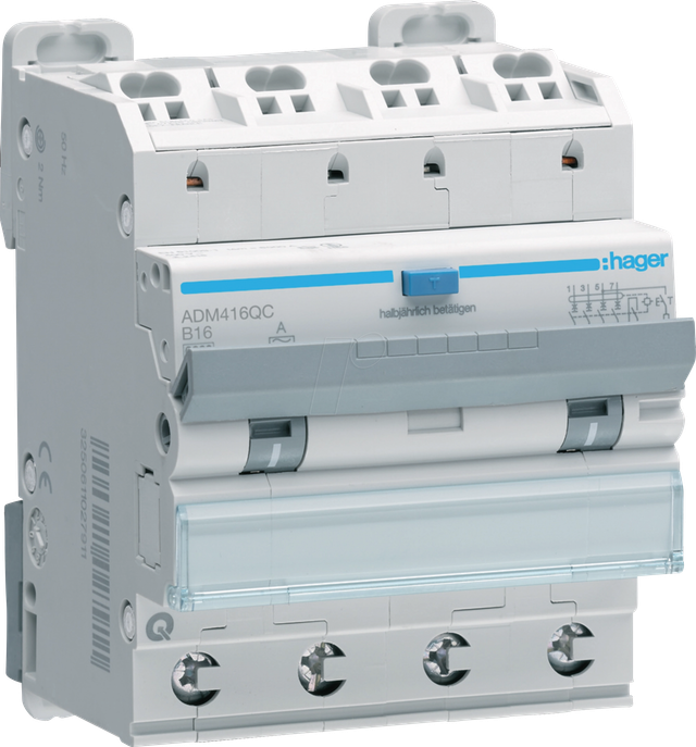 HAGER ADM416QC - FI/LS-Schalter 4P 6kA B-16A 30mA Typ A QC/QB