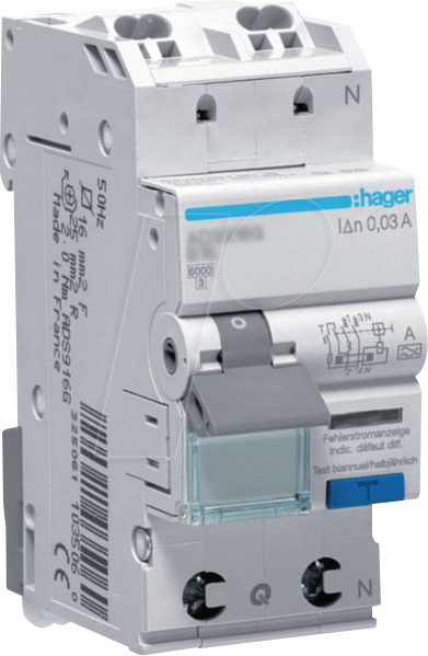 HAGER ADS910D - Fehlerstrom-Leitungsschutzschalter 1P+N 6kA B-10 A 30mA Typ A