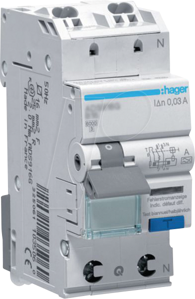HAGER ADS956D - Fehlerstrom-Leitungsschutzschalter 1P+N 6kA C-6 A 30mA Typ A