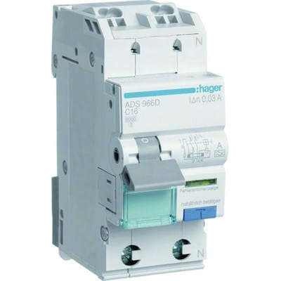 HAGER ADS966D - Fehlerstrom-Leitungsschutzschalter 1P+N 6kA C-16 A 30mA Typ A