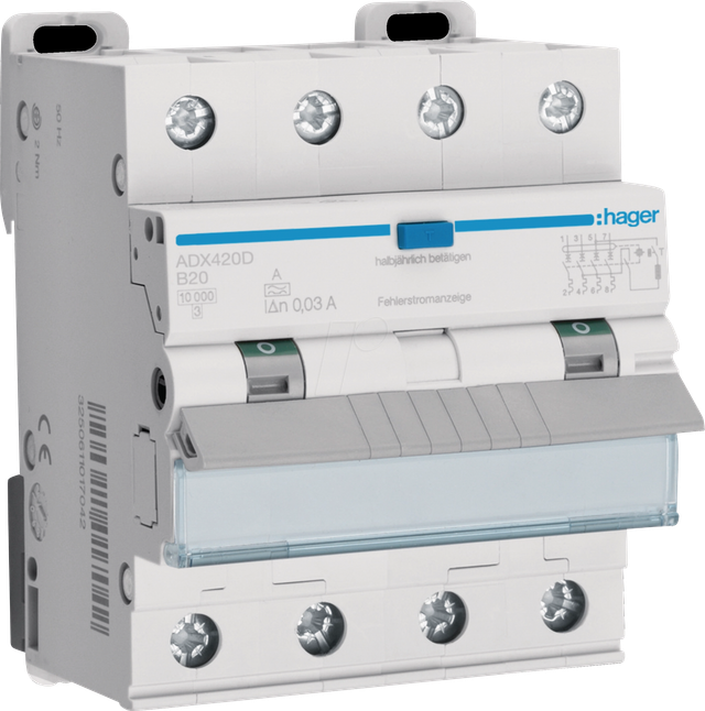 HAGER ADX420D - FI/LS-Schalter 4-polig 10kA B-20A 30mA Typ A