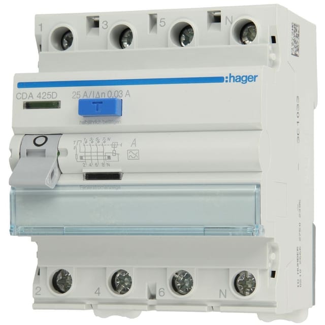 HAGER CDA425D - Fehlerstromschutzschalter 4 polig 6kA 25 A 30mA Typ A