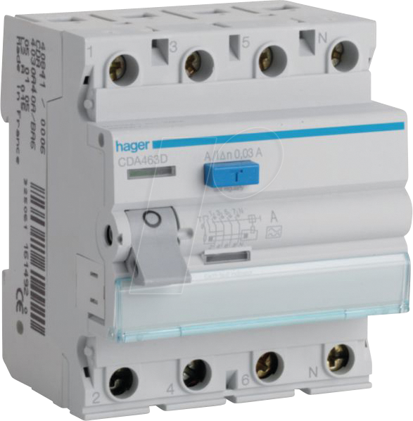 HAGER CDA463D - FI-Schutzschalter 4 polig 6kA 63A 30mA Typ A