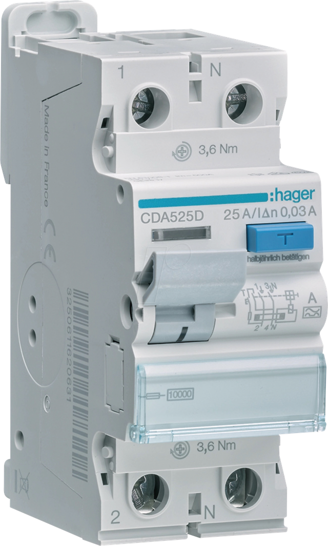 HAGER CDA525D - Fehlerstromschutzschalter, 2 polig, 10kA, 25A, 30mA, Typ A