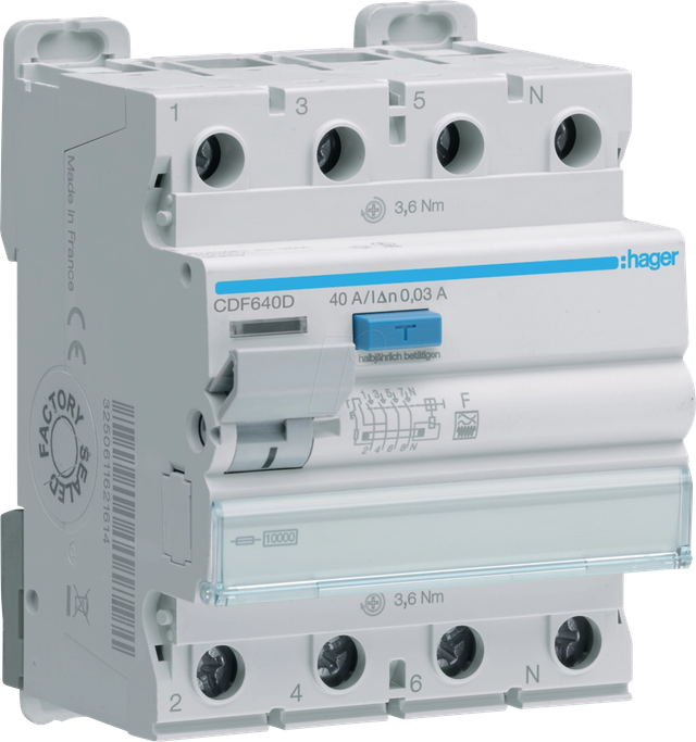 HAGER CDF640D - FI-Schalter, 4-polig, 10kA, 40A, 30mA, Typ F