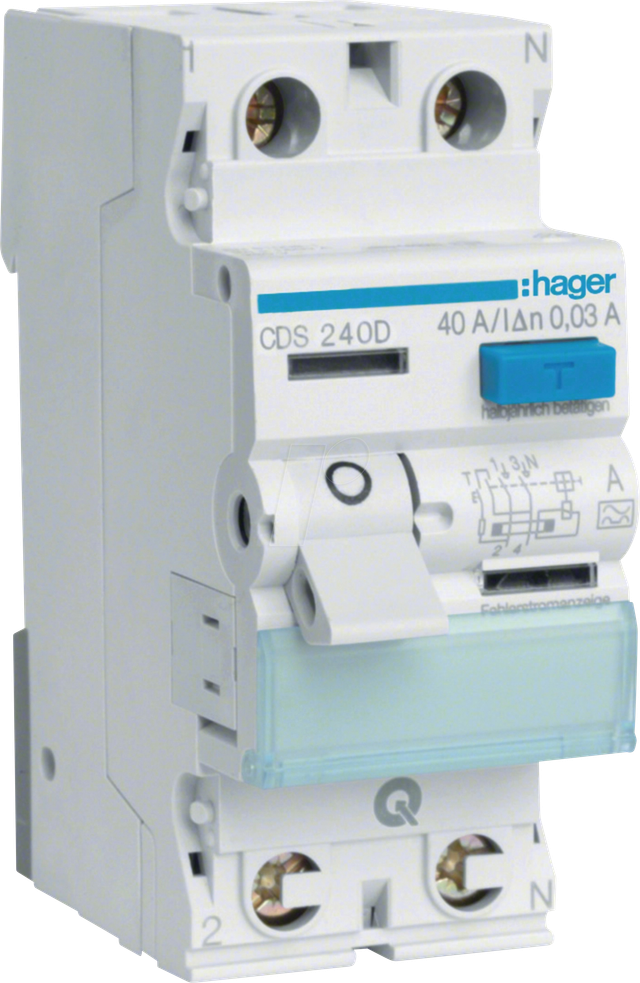 HAGER CDS240D - Fehlerstromschutzschalter, 2-polig, 6kA, 40A, 30mA, Typ A