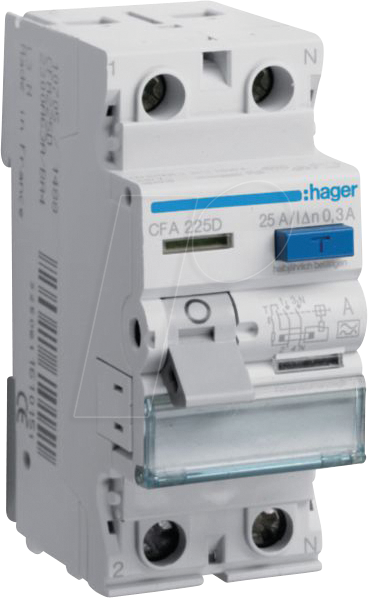 HAGER CFA225D - Fehlerstromschutzschalter 2 polig 6kA 25 A 300mA Typ A