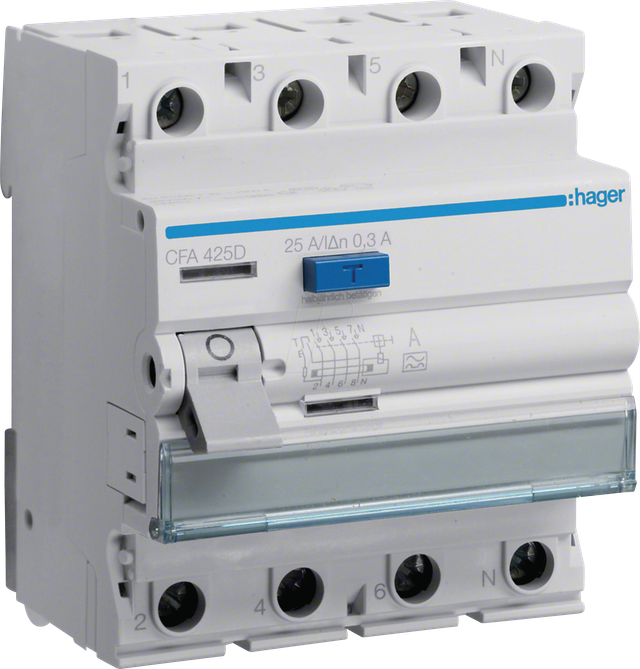 HAGER CFA425D - Fehlerstromschutzschalter, 4 polig, 6kA, 25A, 300mA, Typ A