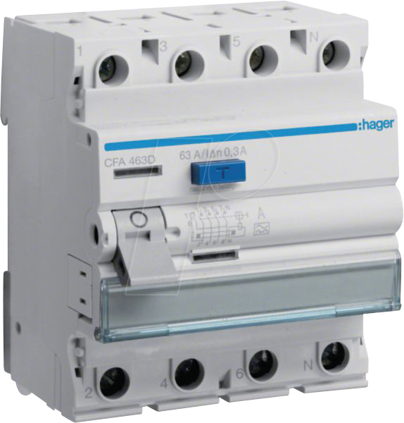 HAGER CFA463D - Fehlerstromschutzschalter 4 polig 6kA 63A 300mA Typ A
