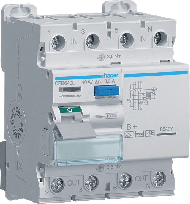 HAGER CFB640D - Fehlerstromschutzschalter 4 polig 10kA 40A 300mA Typ B+