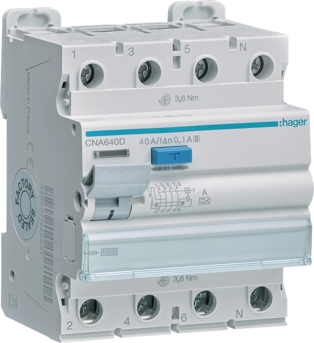 HAGER CNA640D - FI- Schutzschalter, 4-polig, 6kA, 40A, 100mA, Typ S, selektiv