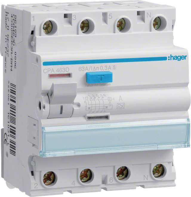 HAGER CPA463D - FI-Schalter, 4-polig, 6kA, 63A, 300mA, Typ S, selektiv