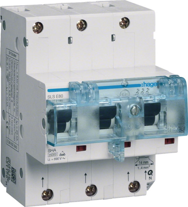 HAGER HTN380E - SLS-Schalter 3 polig E-Charakteristik 80A für Hutschienenmontage