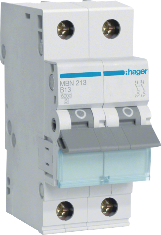 HAGER MBN213 - Leitungsschutzschalter, 2 polig, 6kA, B-Charakteristik, 13A, 2TE