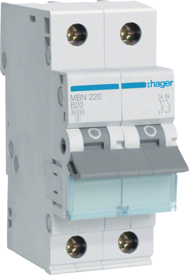 HAGER MBN220 - Leitungsschutzschalter, 2 polig, 6kA, B-Charakteristik, 20A, 2TE