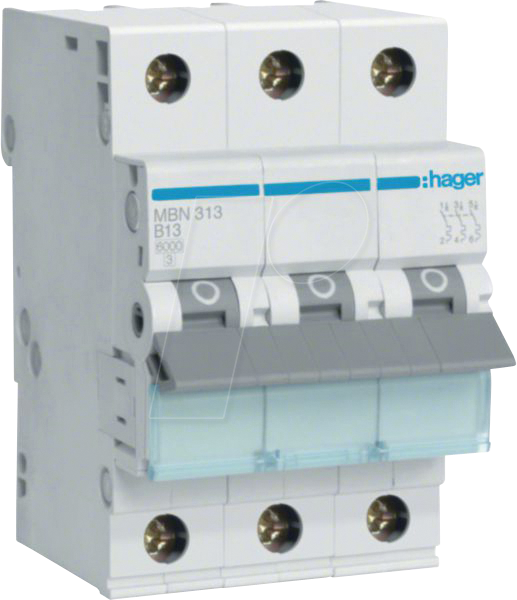 HAGER MBN313 - Leitungsschutzschalter 3 polig 6kA B-Charakteristik 13 A 3 Modul