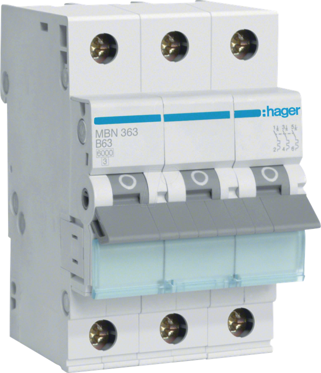 HAGER MBN363 - Leitungsschutzschalter, 3 polig, 6kA, B-Charakteristik, 63A, 3TE