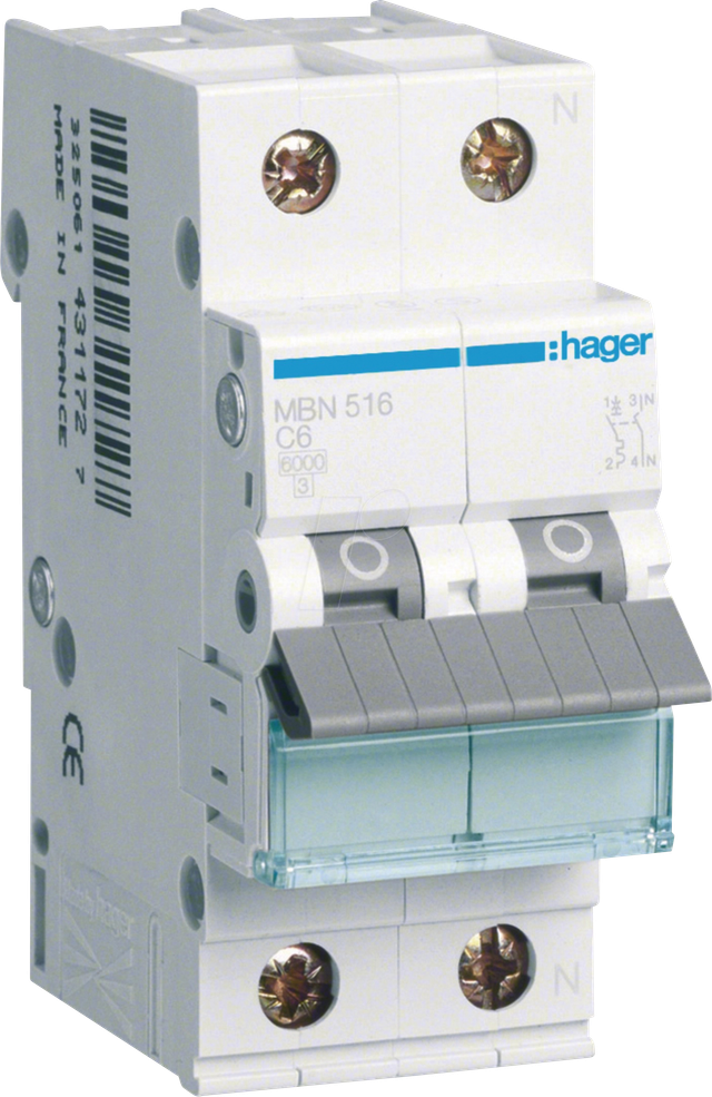 HAGER MBN516 - Leitungsschutzschalter, 1P+N, 6kA, B-Charakteristik, 16A, 2TE