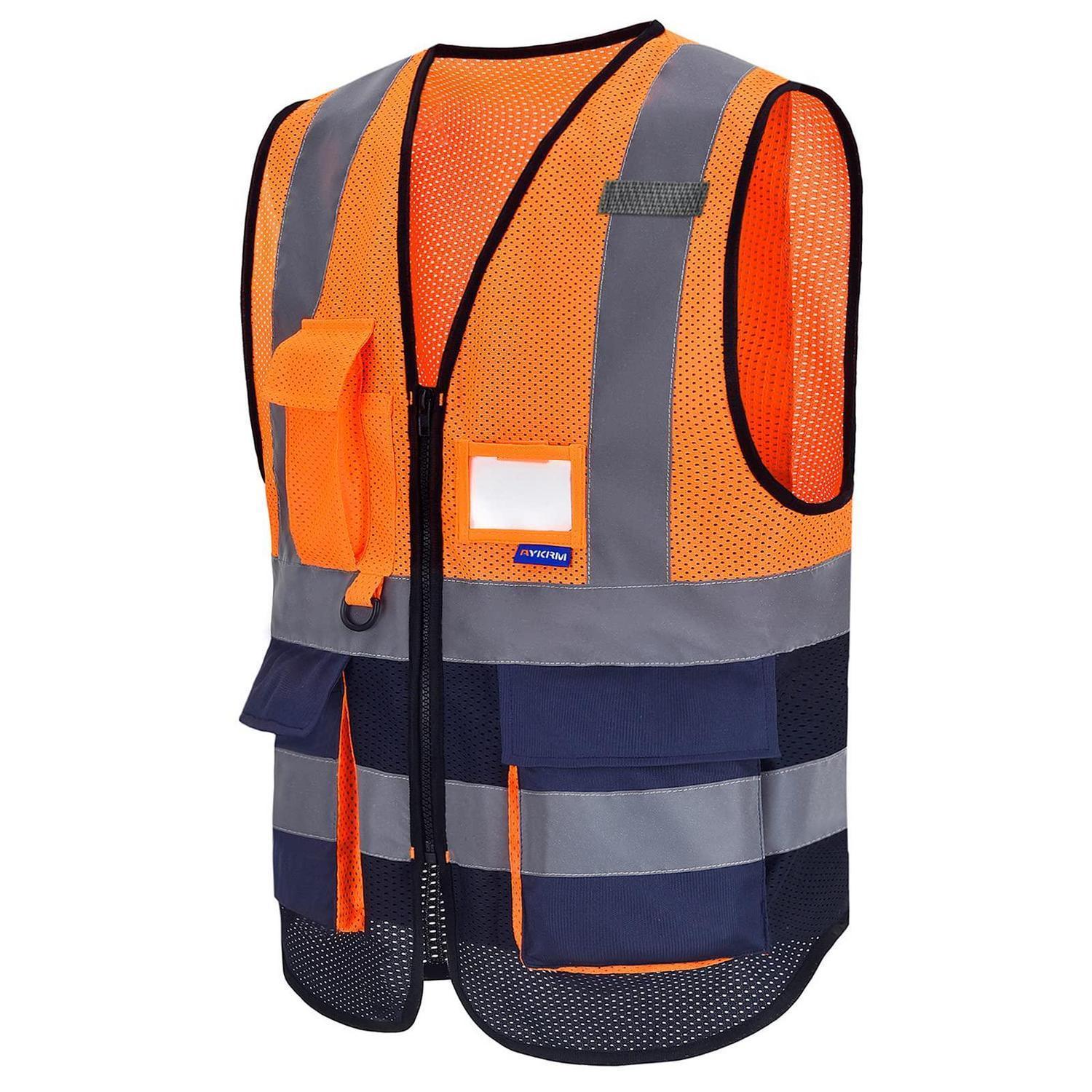 Warnweste Mit Reißverschluss, Hohe Sichtbarkeit, Handyfach, Ausweisfach, Netzgewebe, Orange/marineblau, Xl