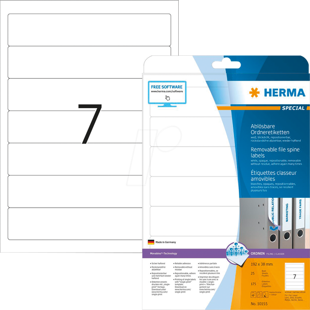 HERMA 10155 - Ordner-Etiketten, 192 x 38 mm, 175 Stück, weiß