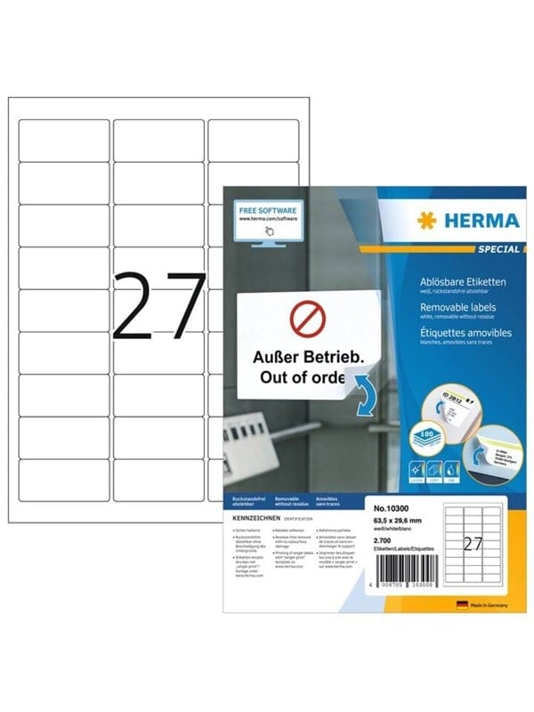 HERMA 10300 - Universal-Etiketten, 63,5 x 29,6 mm, 2700 Stück, weiß