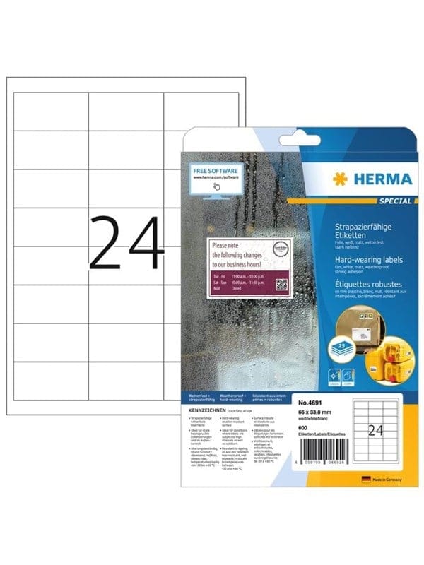HERMA 4691 - Folien-Etiketten, wetterfest, 66 x 33,8 mm, 600 Stück, weiß