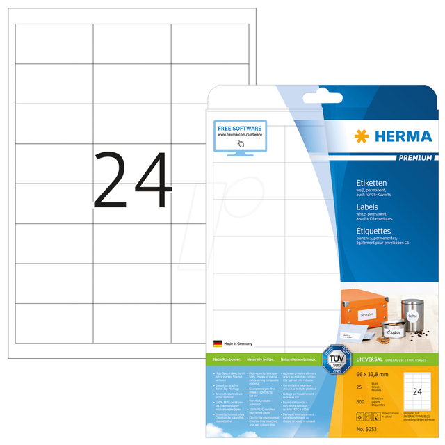 HERMA 5053 - PREMIUM Etiketten A4, 66 x 33,8 mm, weiß, permanent haftend