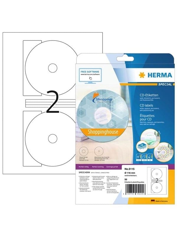 HERMA 5115 - CD-Etiketten, 50 Stück, weiß