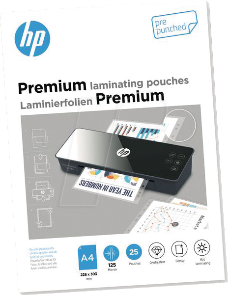 HP PLA9122 - Laminierfolien, Premium, DIN A4, 125 mic, gelocht, 25 Stück