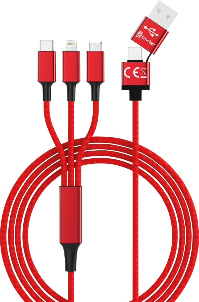 HYDRA ULT RD - Ladekabel, USB-A/USB-C -> micro USB, Lightning & USB-C, rot
