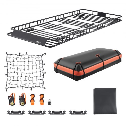 VEVOR Dachträgerkorb 2120 x 990 x 105 mm mit Gepäcktasche, für Gepäck Sport- und Campingausrüstung, 113,4 kg Tragkraft, mit Zahlenschloss, Gepäcknetz, Ratschengurten und 4 U-Bügeln