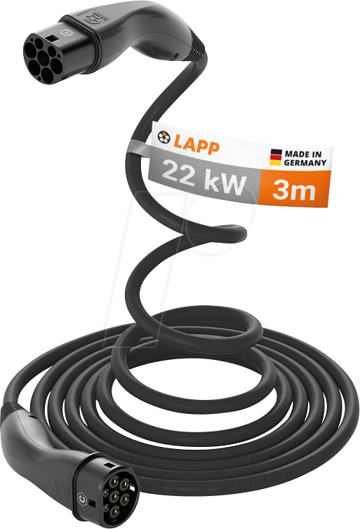LAPP 75749 - Typ 2 Kabel, für E-Fahrzeuge, 22 kW, 32 A, 3 Ph, Helix, 3 m